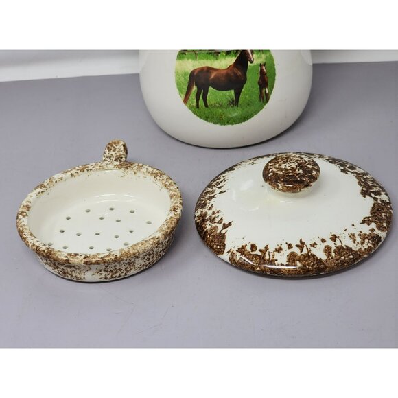 Vintage Ceramic Grease Jar With Strainer And‎ Lid Horse Decal Kitchen Decor - Picture 7 of 12